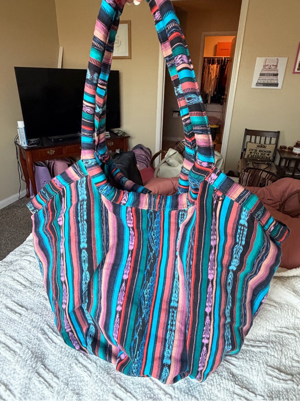 Nena Striped Multicolor Boho Tote Bag - Pink, Teal & Black